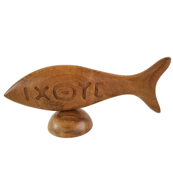 Christian Fish Sculpture Table Decor Greek IXOYE Genuine Oregon Myrtlewood - Picture 3 of 7